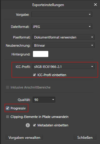 Exporteinstellungen von Affinity Photo
